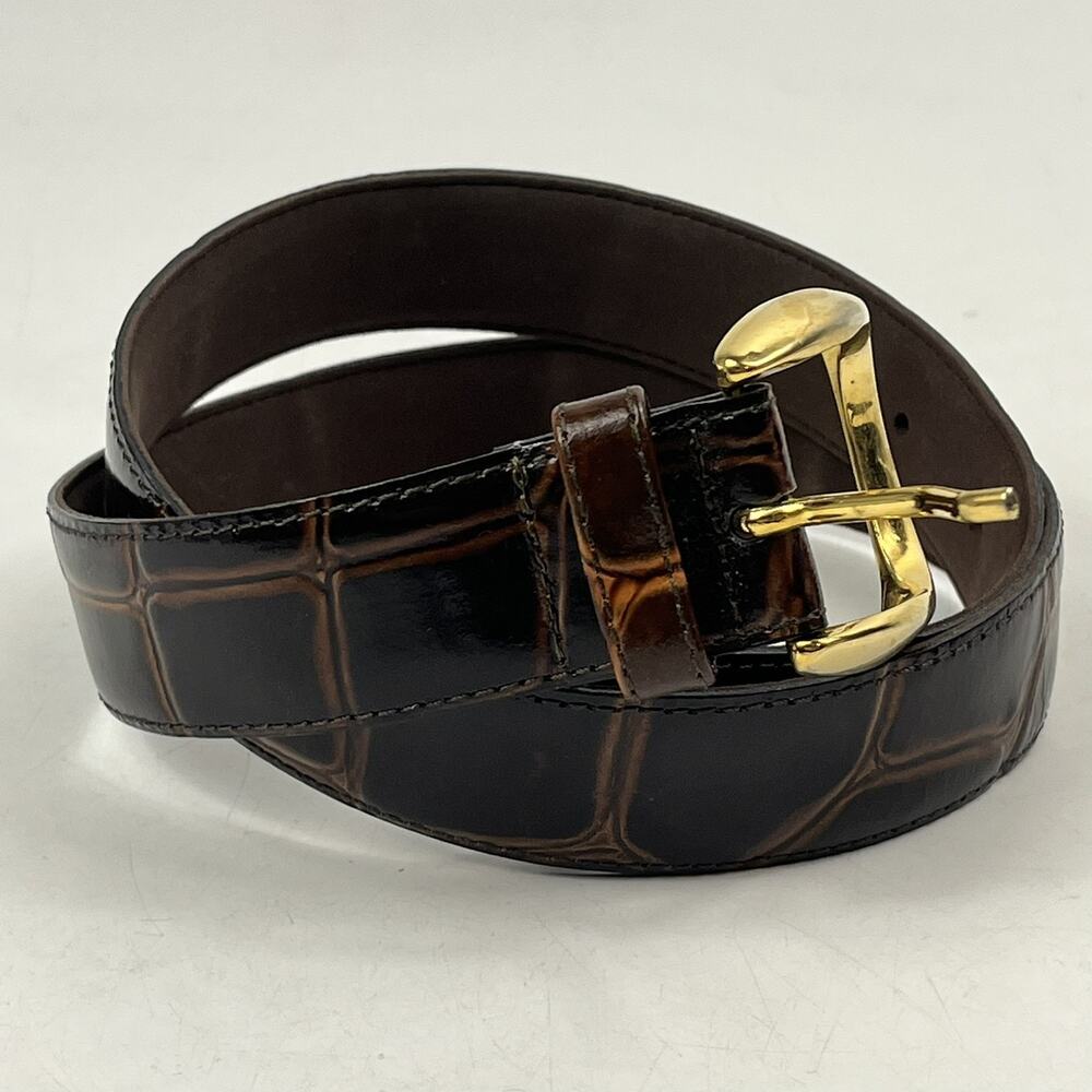 Italian Genuine Leather Belt Men Sz M 33.5" Brown Gold Buckle Embossed Pattern